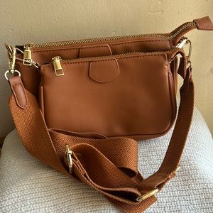Double-Pouch Feaux Leather Crossbody Bag (Tan)